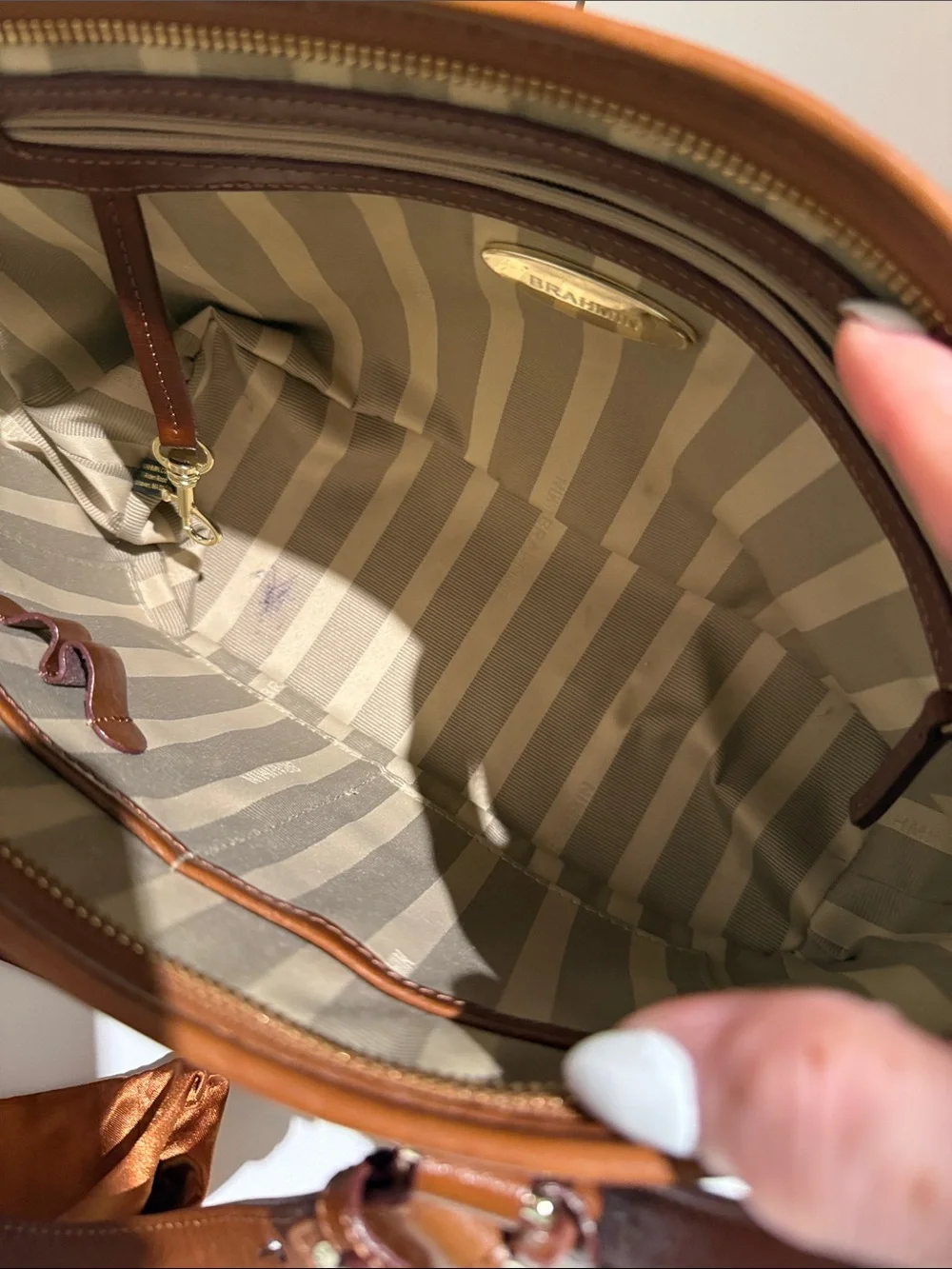 Brahmin Tri-Panel Leather Satchel in Brown and Cream